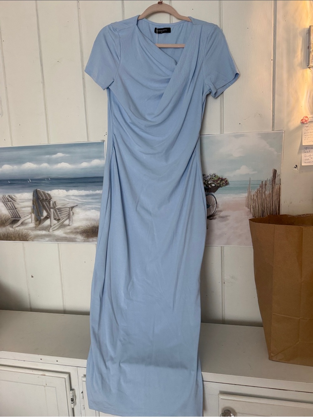 Light Blue Draped Short-Sleeve Maxi Dress by Unknown Brand